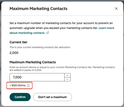 Screenshot showing a maximum number of Marketing Contacts higher than the contact tier.