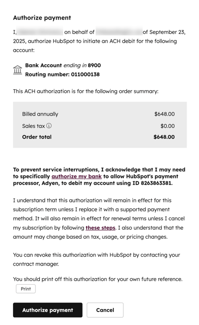 Screenshot showing how to authorize payment for ACH.