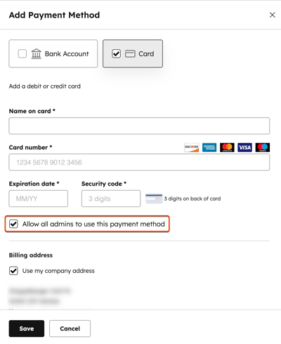 Screenshot showing how to add a credit card as payment method, highlighting the checkbox to allow all admins to use this payment method. 