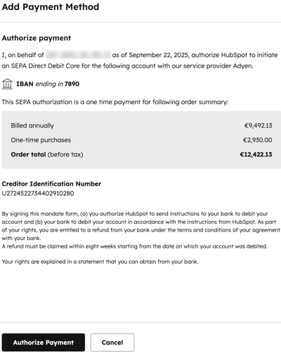 Screenshot showing how to authorize payment for SEPA.