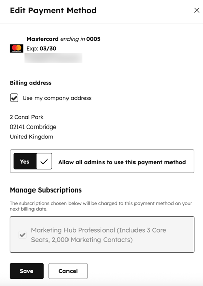 Screenshot showing how to edit the details for an existing payment method.