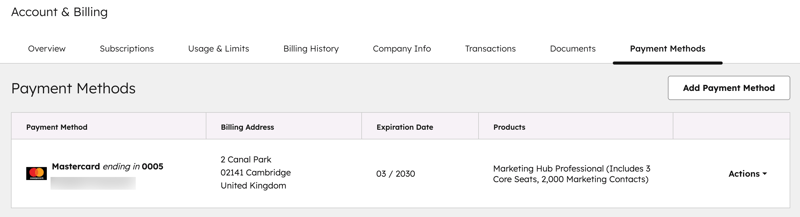 Screenshot showing an existing payment method for your subscription in HubSpot.