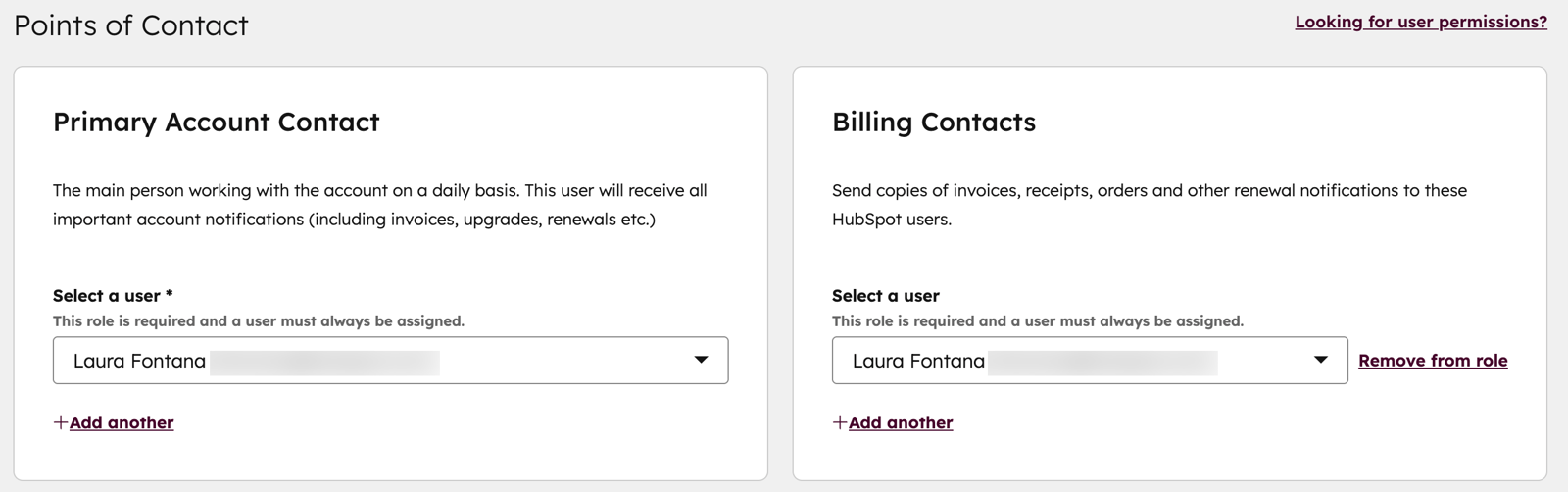 Screenshot showing how to update the primary account contact and billing contacts in HubSpot.