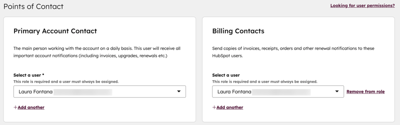 Screenshot showing how to update the primary account contact and billing contacts in HubSpot.