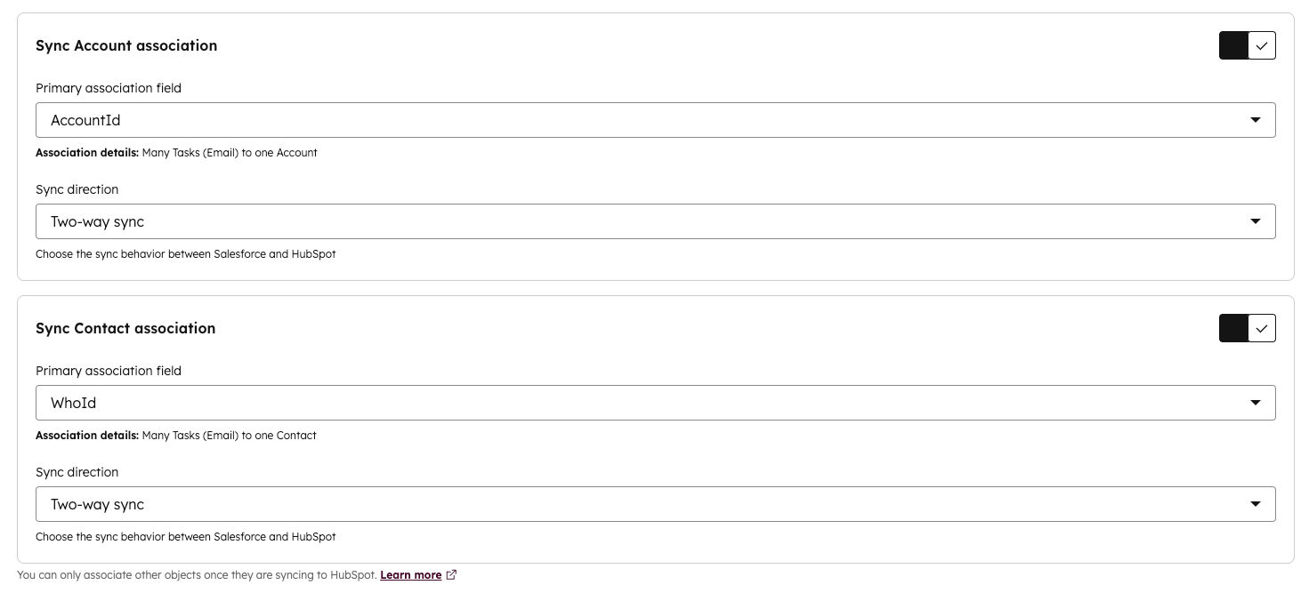 screenshot showing the toggle to sync account association and contact association for activity events. 