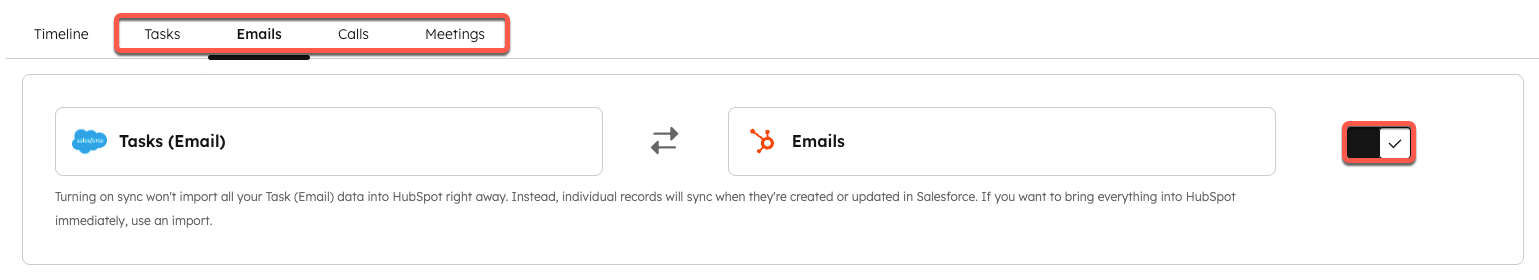 screenshot showing the toggle to turn the Activity sync on for a type of HubSpot activity. 