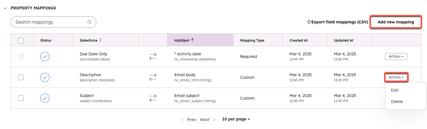 screenshot showing the property mapping section to sync salesforce fields and HubSpot activity properties. 