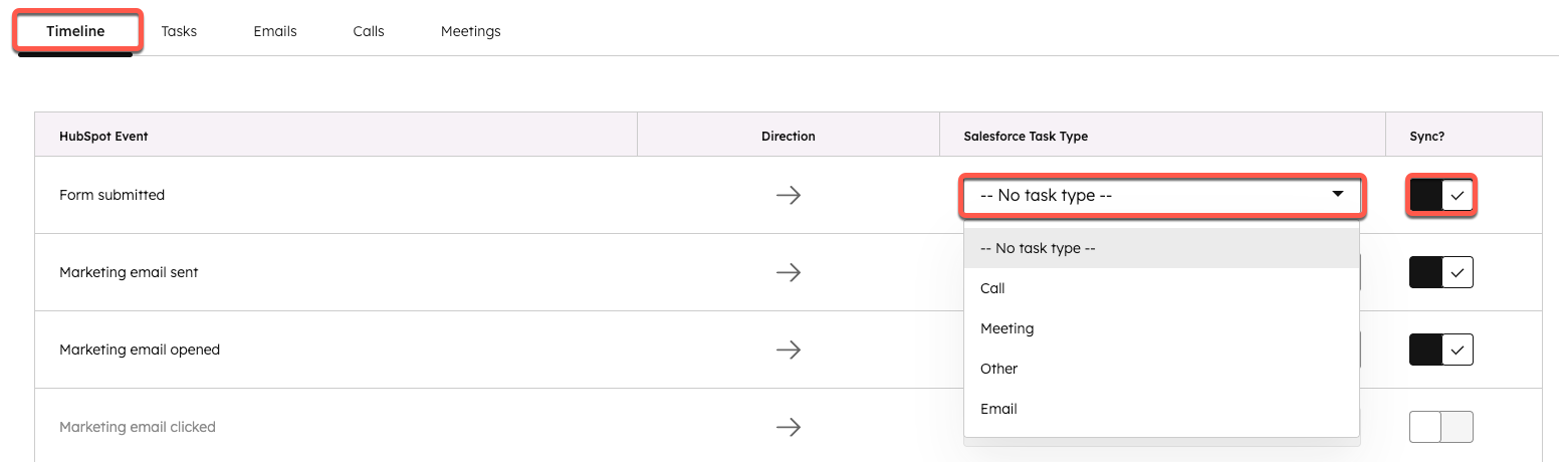 screenshot showing how to set up the timeline sync for HubSpot events to Salesforce tasks. 