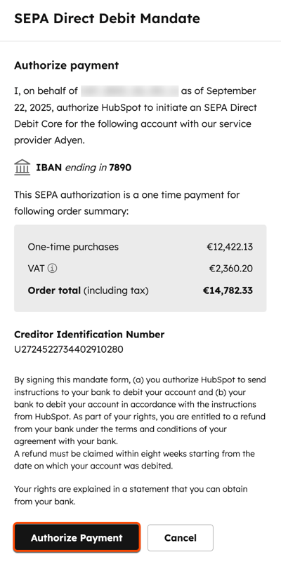 screenshot showing the Authorize payment window for SEPA payments