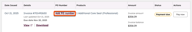 screenshot showing the Add PO number link in HubSpot