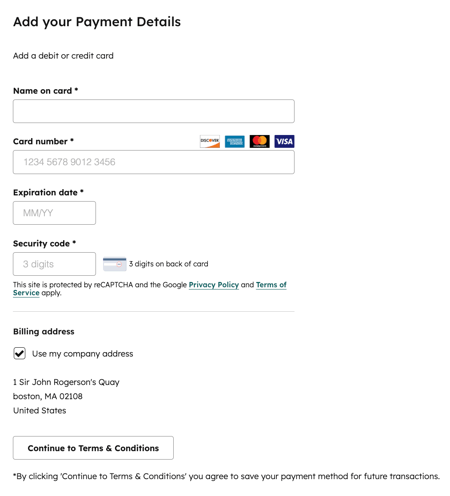 screenshot showing the fields when using Card as Payment Method during checkout