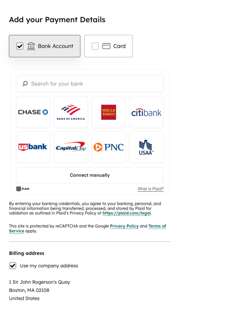screenshots showing the fields for ACH as payment method