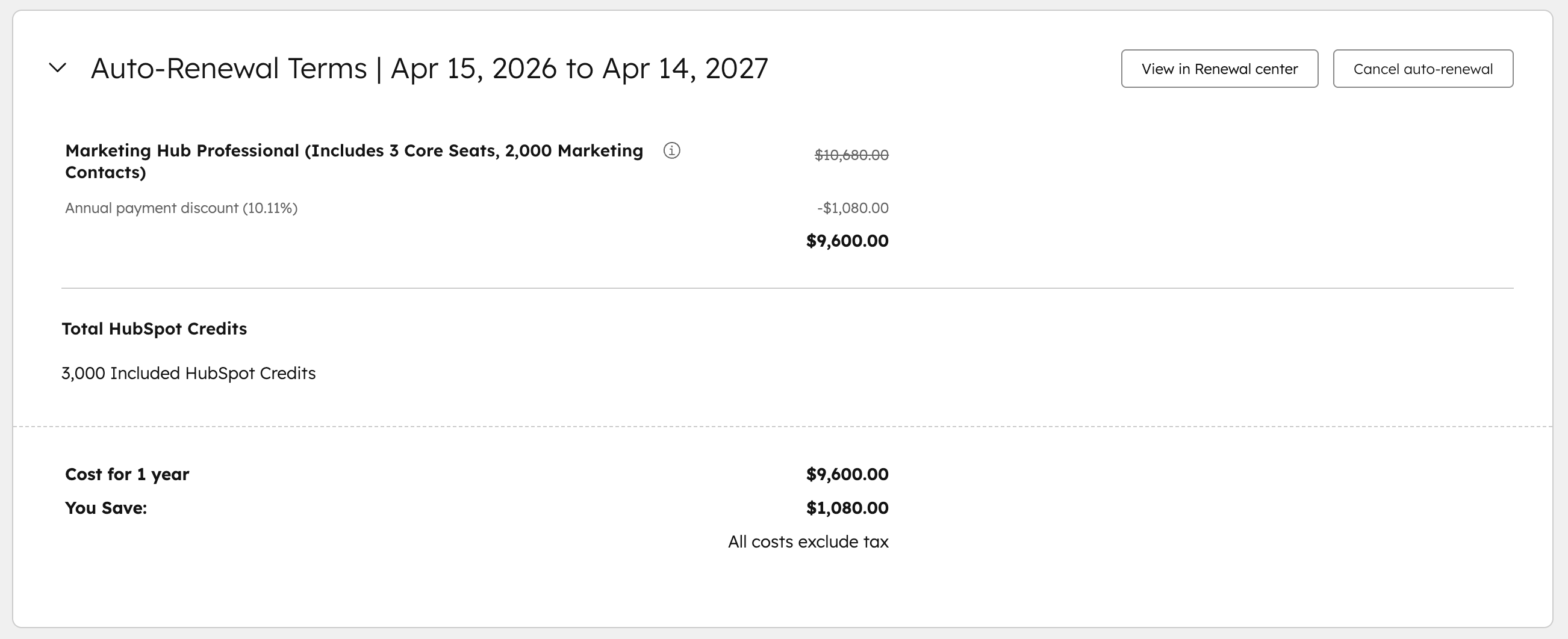 screenshot showing the auto-renewal terms section for a HubSpot subscription in Account & Billing.