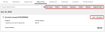 Screenshot showing the filters at the top of the Billing History page in HubSpot and the View and Download buttons.
