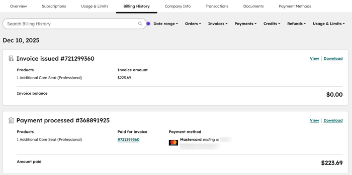 Captura de pantalla que muestra el historial de facturación en una cuenta de HubSpot.