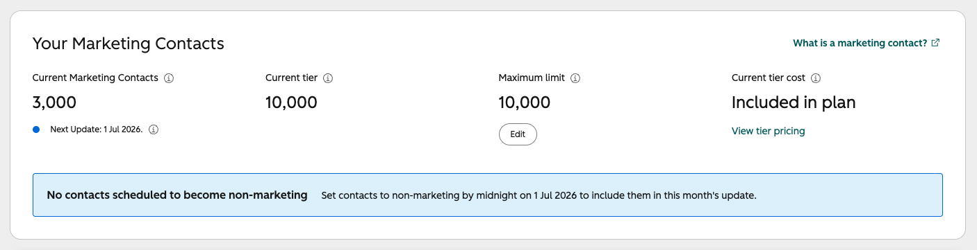 Screenshot mit dem Abschnitt "Ihre Marketingkontakte" in "Account & Abrechnung" 