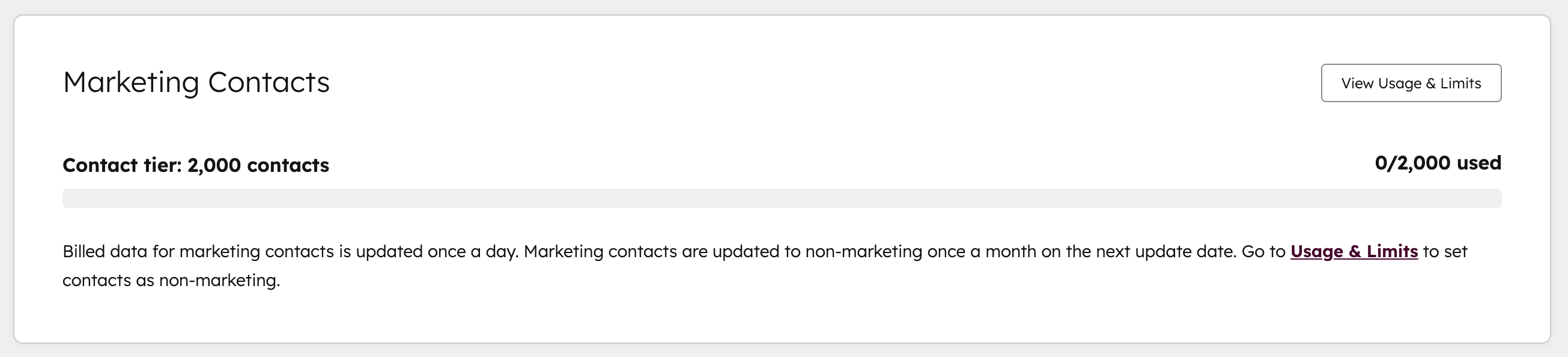 Screenshot showing the Marketing Contacts usage for a HubSpot account.
