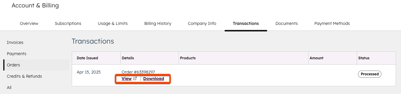 Screenshot showing how to view or download an order for a HubSpot subscription.