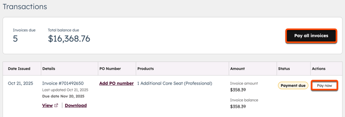 captura de tela mostrando o botão Pagar todas as faturas no HubSpot