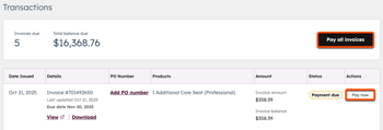 screenshot showing the Pay all invoices button in HubSpot