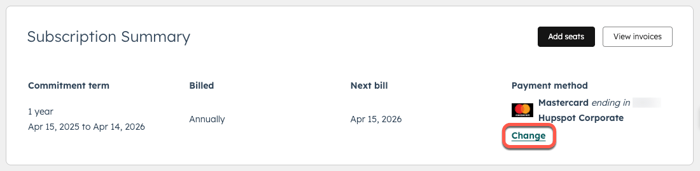 Screenshot showing the Change button to change the payment method for a HubSpot subscription. 