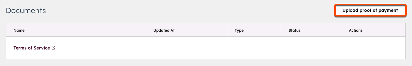 Screenshot showing the proof of payment button in HubSpot's Account & Billing. 