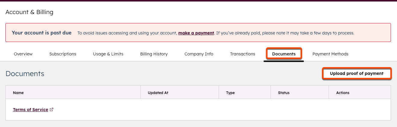 Screenshot showing the Documents tab and Upload proof of payment button in HubSpot's Account & Billing.