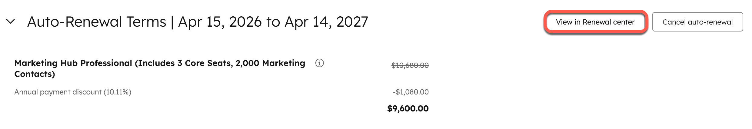 Screenshot showing the button to view the auto-renewal terms for a subscription in the Renewal center.
