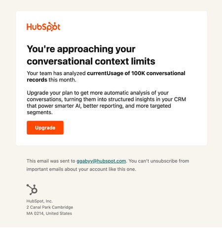 Email alert from HubSpot warning about approaching conversational context limits with usage details and an Upgrade button.