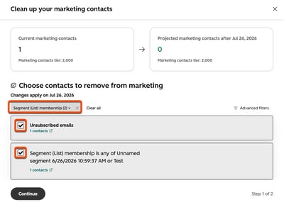 Step 1 of the Clean up your marketing contacts modal with two checked segment criteria selected and a Segment List membership filter applied.