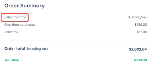 Screenshot showing the billing terms in the Order Summary section of a HubSpot quote.