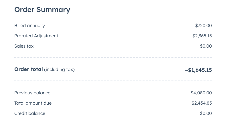 Screenshot showing the full breakdown of a HubSpot order.