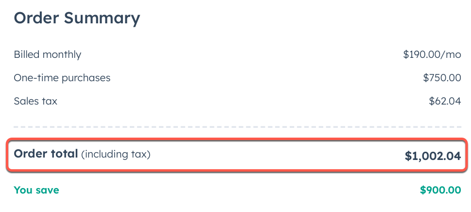 Screenshot showing the order total in a HubSpot order summary.