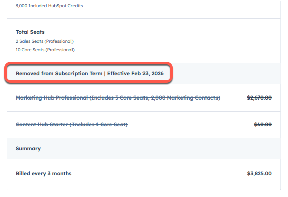 Screenshot showing the effective date of a change for a HubSpot order.