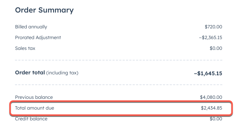 Screenshot showing the total amount due in a HubSpot order.
