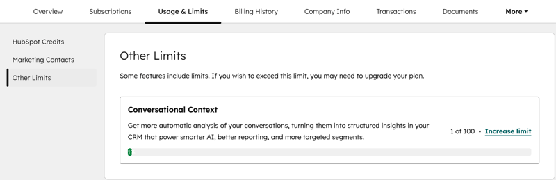Usage and limits page showing Conversational Context usage with a progress bar and option to increase the limit.