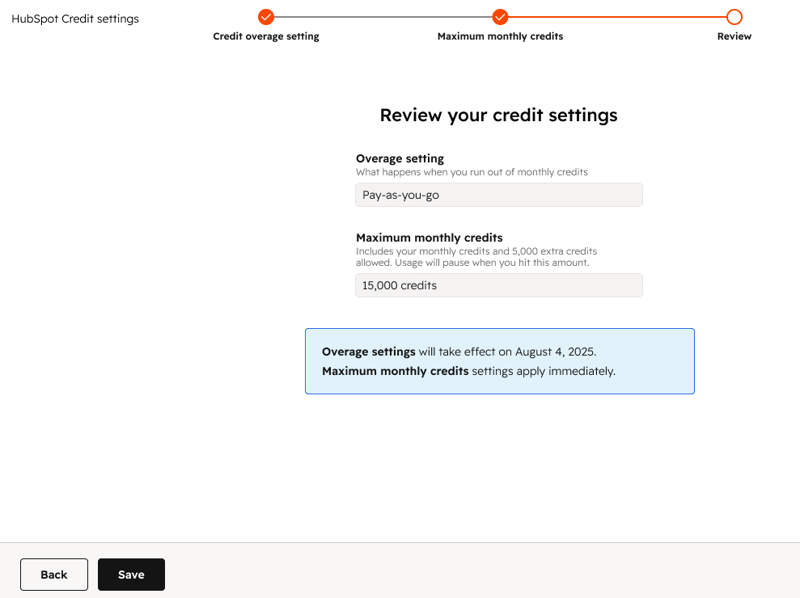 Screenshot showing the Review your credit settings page in HubSpot.