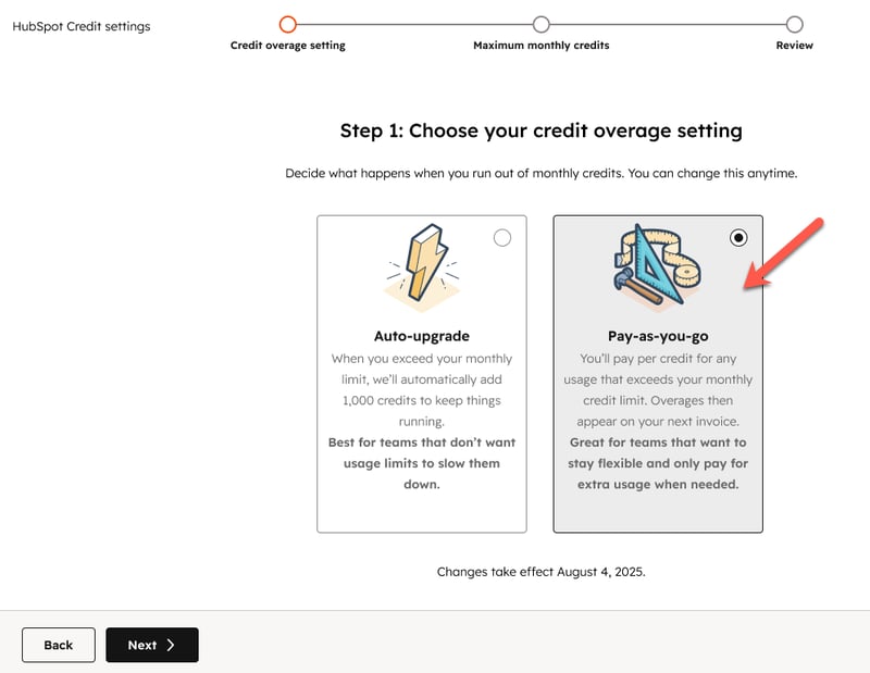 Screenshot showing the option to select Pay-as-you-go overages in HubSpot. 