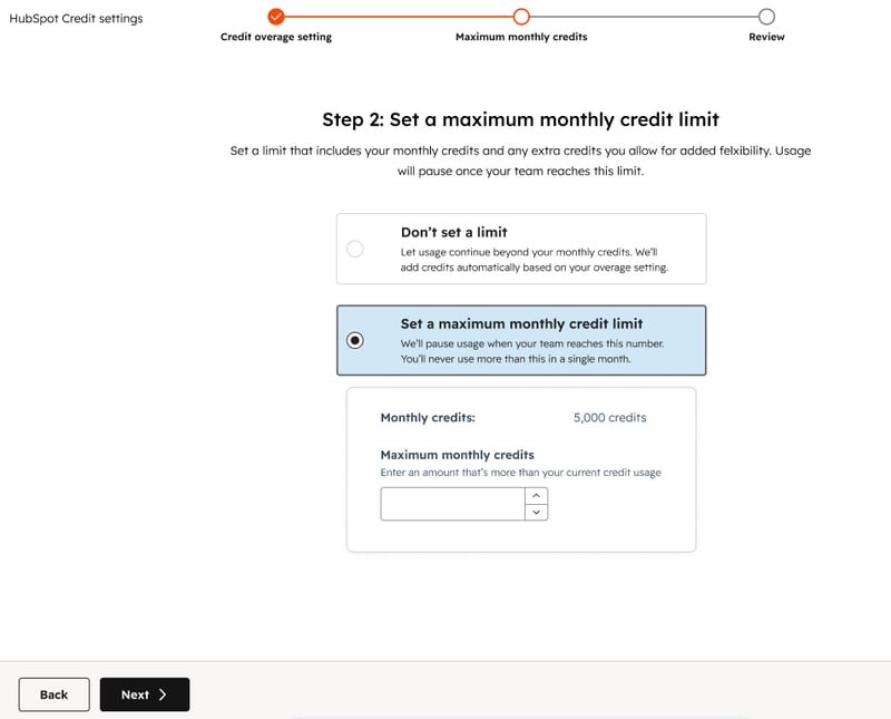 Screenshot showing the Set a maximum monthly credit limit option in HubSpot.