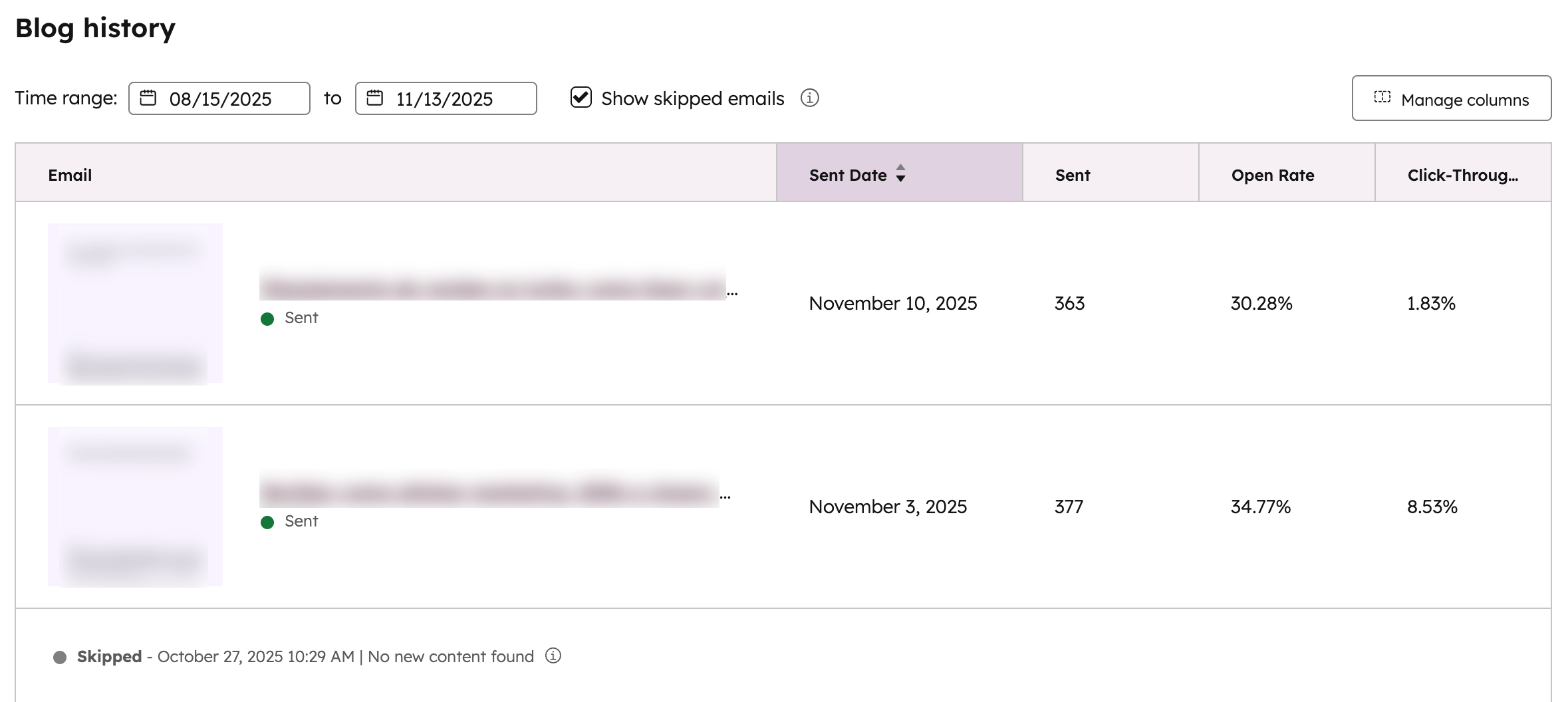 A página de detalhes de e-mail é exibida para um e-mail de assinatura de blog. Dois e-mails são mostrados como enviados com métricas e um é mostrado como ignorado devido a nenhum conteúdo.
