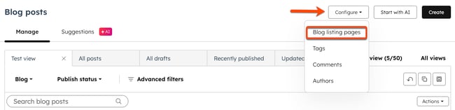On the Blog posts page, there's an arrow pointing to the configure dropdown menu and the options are displayed on the right. A box is placed around the blog listing pages option.