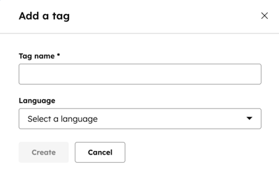 On the blog tags page, the add a tag dialog box is displayed. There are two fields visible, including a Tag name text input field and a Language dropdown menu followed by a Create button.