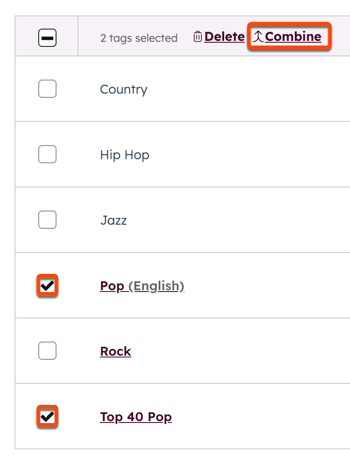 The blog tags page is displayed. In the table, two boxes are placed around two blog tag checkbox options (e.g., Pop and Top 40 Pop). At the top of the table, a box is placed around the Combine link.