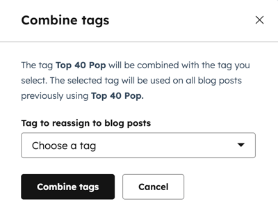 The combine blog tags dialog box is displayed with a dropdown menu to reassign blogs to the selected option. When finished, click the Combine tags button.