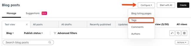 On the Blog posts page, there's an arrow pointing to the configure dropdown menu and the options are displayed. A box is placed around the Tag option.