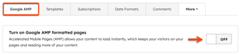 The content settings for blog are displayed. A box is placed around the Google AMP tab and an arrow points to the on/off toggle for Turn on Google AMP formatted pages.