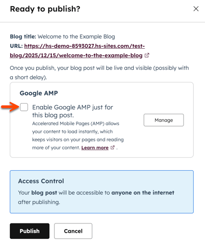 In the content editor for a blog post, the Ready to publish dialog box is displayed. An arrow points to the Enable Google AMP just for this blog post.