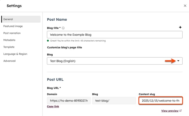 In the content editor, a dialog box is displayed for Settings. The left menu has General selected, and the Post name and Post URL sections are shown. An arrow points to the Blog dropdown menu and a box is placed around the Content slug field.