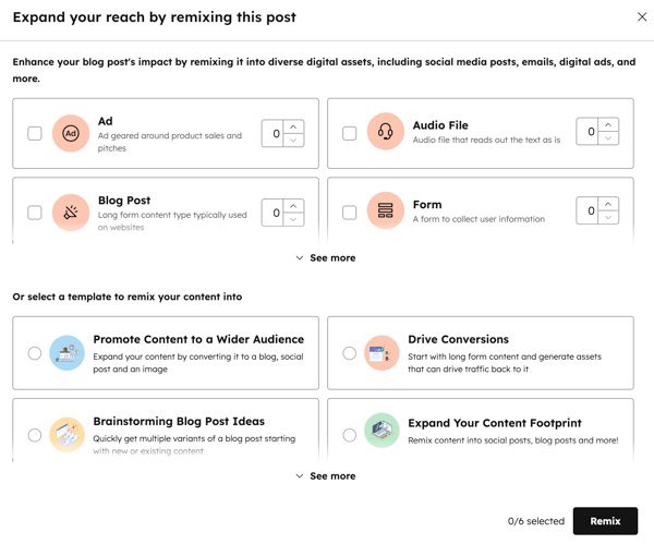 After publishing a piece of content in the content editor, accounts with Content Hub Professional or Enterprise can repurpose the content with content remix.
