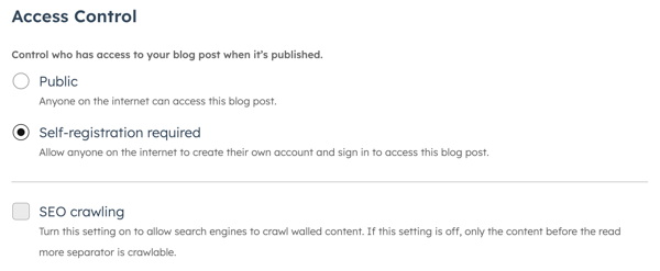 In the content editor for a blog post, the settings dialog box is displayed for the Access Control section. Three options are also available, Public, Self-registration required (selected), and SEO crawling.
